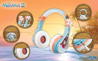 Disney Moana 2 Bluetooth Headphones for Kids Wireless Headphones for School | Volume Reduced and Built-in Microphone - color: Moana