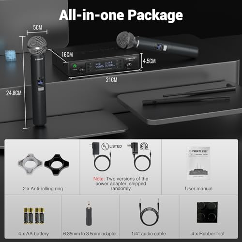 Phenyx Pro Dual UHF Auto Scan Handheld Wireless Microphone System PTU-71-2H | 2 Dynamic Mics, 2 x 100 Frequencies, 328 ft Range, Live Vocals, Karaoke Events, Worship Services