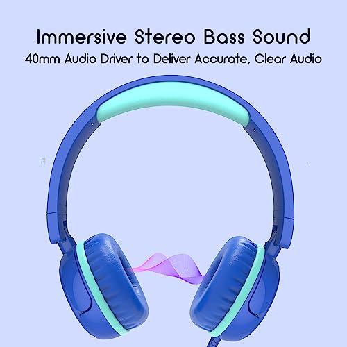 IMYB Kids Headphones, V1 Wired Stereo Foldable Tangle-Free 3.5mm Adjustable On-Ear Headphones for Kids for School/Toddlers/Childrens/Teens/Boys/Girls/Ipad/Tablet/Kindle/Phones/Travel/Plane (Blue) - color: Blue