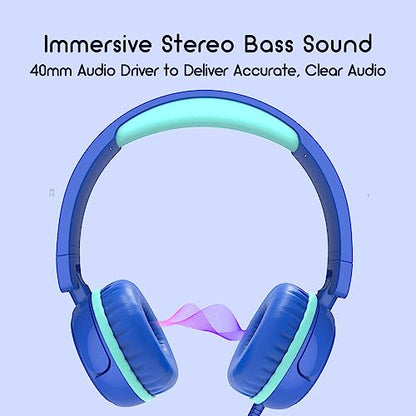 IMYB Kids Headphones, V1 Wired Stereo Foldable Tangle-Free 3.5mm Adjustable On-Ear Headphones for Kids for School/Toddlers/Childrens/Teens/Boys/Girls/Ipad/Tablet/Kindle/Phones/Travel/Plane (Blue) - color: Blue