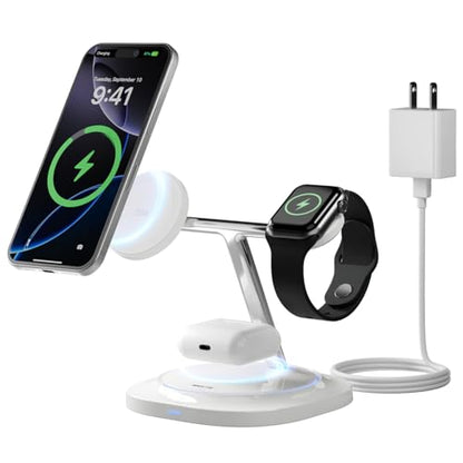 3 in 1 Magnetic Wireless Charger for Apple -Fast Charging Station Compatible with MagSafe for iPhone17-12, Apple Watch&AirPods, Phone and Watch Charger Stand for Desktop Bedside Office (Elegant White) - color: Elegant White