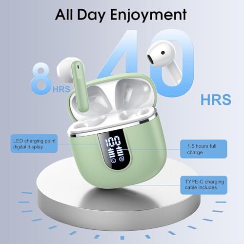 Wireless Earbuds Bluetooth 5.4 Headphones, 40H Playtime In-Ear Earphones with 4 ENC Noise Cancelling Mic, 3D Bass Stereo Sound, IP7 Waterproof Bluetooth Earbuds USB-C LED for iPhone Android, Green - color: Light Green