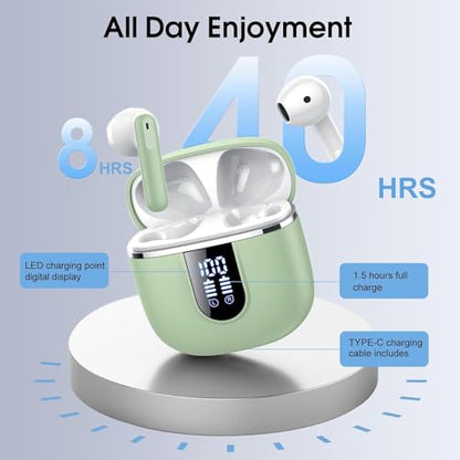 Wireless Earbuds Bluetooth 5.4 Headphones, 40H Playtime In-Ear Earphones with 4 ENC Noise Cancelling Mic, 3D Bass Stereo Sound, IP7 Waterproof Bluetooth Earbuds USB-C LED for iPhone Android, Green - color: Light Green