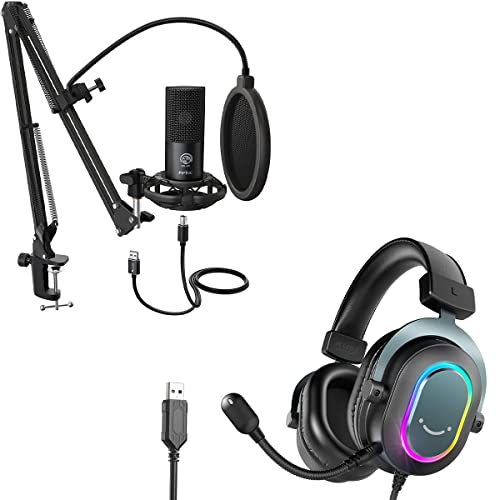 FIFINE Studio Condenser Microphone USB PC Recording Microphone for Voice-Over, Podcast, Vocal - 7.1 Surround Sound RGB Headset for Laptop (T669+H6)