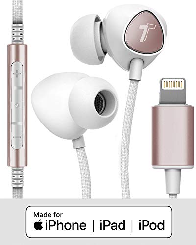 Thore iPhone Earphones (Apple MFi Certified) V110 in Ear Braided Wired Lightning Earbuds (Sweat/Water Resistant) Headphones with Mic/Volume Remote for iPhone 12/13/14 Pro Max - Gold - color: Rose Gold