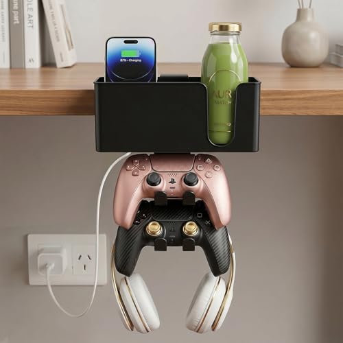 5 in 1 Desk Cup Holder Clamp, Detachable Pencil Holder | with Rotating Headphone Hanger & Controller Holder, Desk Organizer for Cup, Pen, Phone, Gaming Office Desk Accessories - color: With Two Controller Holders