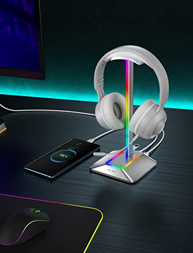 New Bee RGB Headphone Stand with 1 USB-C Charging Port and 1 USB Charging Port, Desk Gaming Headset Stand with 7 Light Modes and Non-Slip Rubber Base Suitable for All Earphone Accessories (Silver) | USB-C & USB Charging Ports, Stable Desktop Earphone Stan