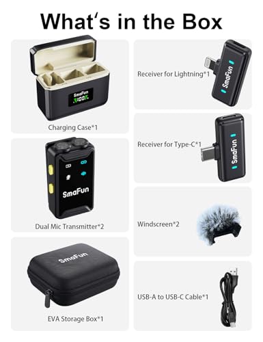 Wireless Microphone for iPhone Android, SmaFun TwinCast S2 Lavalier Microphone, 2 Mics 2 Receivers with Lightning USB-C, Noise Cancelling Clip On Mic, 48H Charging Case, 328FT for Video TikTok YouTube - size: 2TX2RX with ChargingCase