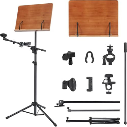 3-in-1 Sheet Music Stand with Phone and Microphone Holder, Brown Wooden , Folding Desktop Book Stand Liftted Metal Support Adjustable Design