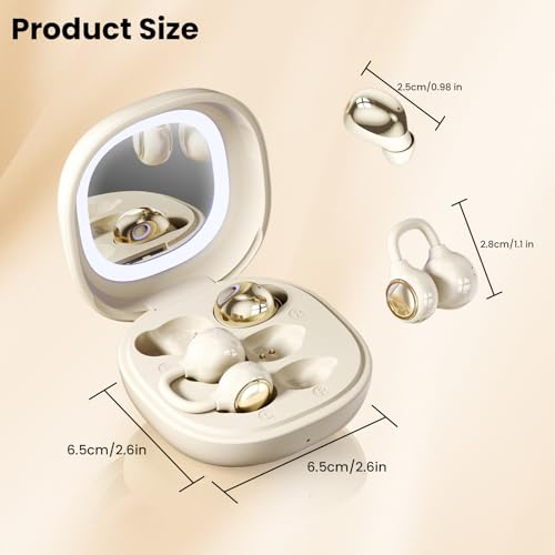 Wireless Clip-On Open Earbuds, Butterfly Earring Bluetooth Headphones with Heart-Shaped Charging Case & Makeup Mirror, 42H Playtime, Lightweight Earphones for Women, Sports, Gifts - color: Beige