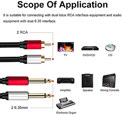 2 x 6.35 mm to 2RCA Cable,Dual 1/4 inch TS Stereo Jack Male to 2 RCA Male Stereo Audio Cable Splitter Adapter (12ft/4m, Black) - size: 12ft/4m