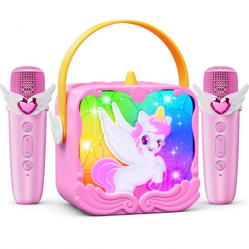 Unicorn Karaoke Machine with Wings & Castle Lights,2 Gem Wireless Microphones&5 Magic Voice,Portable Mini Bluetooth Speaker,Singing Toy Birthday Gift for 3 4 5 6 7 8 9 10 11 12 Year Old Girls Age 3-12
