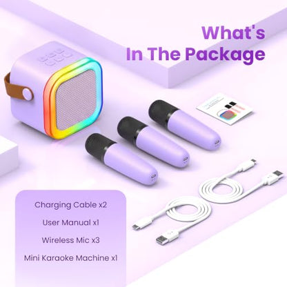 Mini Karaoke Machine, Portable Bluetooth Speaker & 3 Wireless Microphones | Karaoke Player Karaoke Microphone For Family Home Party Outdoor With HI-FI Sound | 5 Magic Sound | PA System | USB | TF | AUX - color: Deep Pink