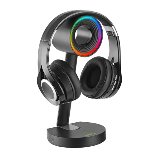 MINQ RGB Ring Shape Headphones Stand for Desk - Wireless Phone Charger Stand - Gamer Headset Stand, Airpod Max Stand - USB, USB C Charging & Aux - Perfect Gaming Accessories - Black