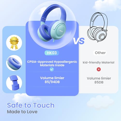 Acer Kids Headphones for School, 85-94dB Limiter, 3.5mm Jack, w/Mic HK03 | Foldable Wired Over Ear Headphones, for Toddler School/Travel/iPad/Tablet, Blue-Gradient - color: Blue Gradient