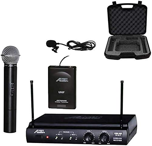 Audio2000'S AWM6032L Dual Channel UHF Wireless System with One Wireless Handheld Microphone, One Wireless Lavalier Microphone, One 2-Channel Wireless Receiver, and One Hard PVC Carrying Case