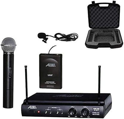 Audio2000'S AWM6032L Dual Channel UHF Wireless System with One Wireless Handheld Microphone, One Wireless Lavalier Microphone, One 2-Channel Wireless Receiver, and One Hard PVC Carrying Case