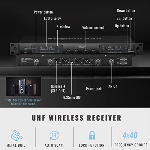 Phenyx Pro 4 Channel UHF Auto Scan Wireless Microphone System PTU-7000-4H | 4 x 40 Frequencies, 328 ft Range, 4 Handheld Dynamic Microphone for Singing, Church, Karaoke, Wedding, Public speaking, DJ