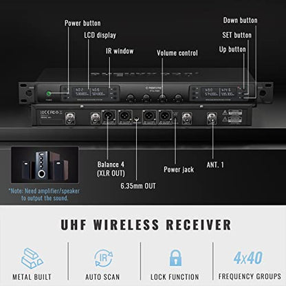 Phenyx Pro 4 Channel UHF Auto Scan Wireless Microphone System PTU-7000-4H | 4 x 40 Frequencies, 328 ft Range, 4 Handheld Dynamic Microphone for Singing, Church, Karaoke, Wedding, Public speaking, DJ