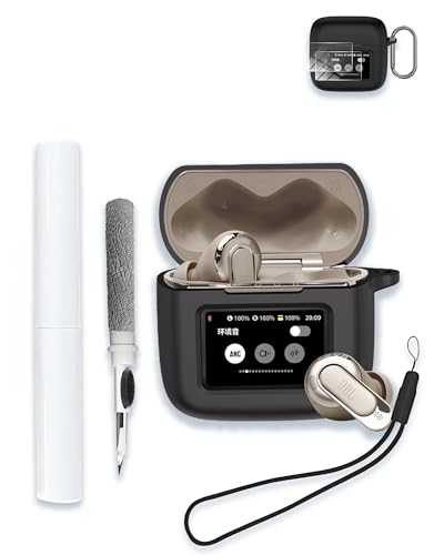 Case for JBL Tour Pro 3 - True Wireless Noise Cancelling Earbuds, Soft Silicone Protective Portable Scratch Shock Resistant with 2pack Screen Protector &Cleaner Kit & Carabiner & Lanyard，Black - color: BLACK