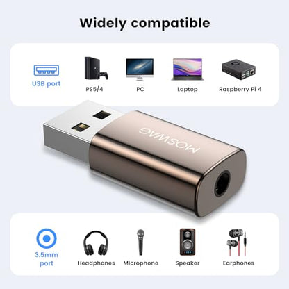 MOSWAG USB to Audio Jack Adapter, 3.5mm Jack Audio Adapter, External Stereo Sound Card TRRS Female Headset Compatible with PC, Laptop, Mac, Desktops, Linux, PS4, PS5 and More Device - size: 1 Pack