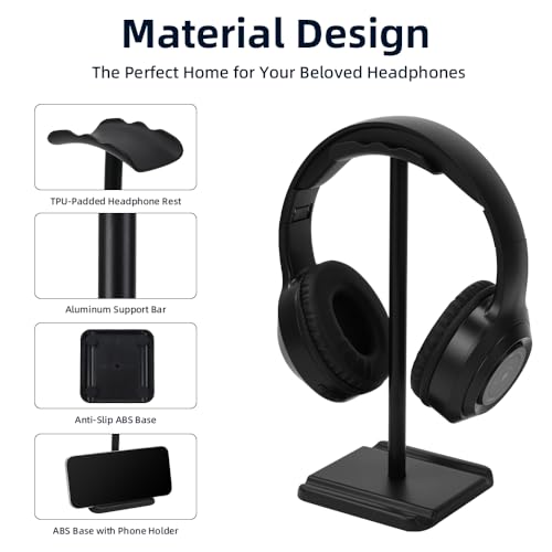 Headphone Stand, Headset Holder with Phone Holder for Desk Office Gaming | TPU-Padded Headrest, Aluminum Pole, Anti-Slip ABS Base, Universal Earphone Stand, 1 Pack Black - color: Black