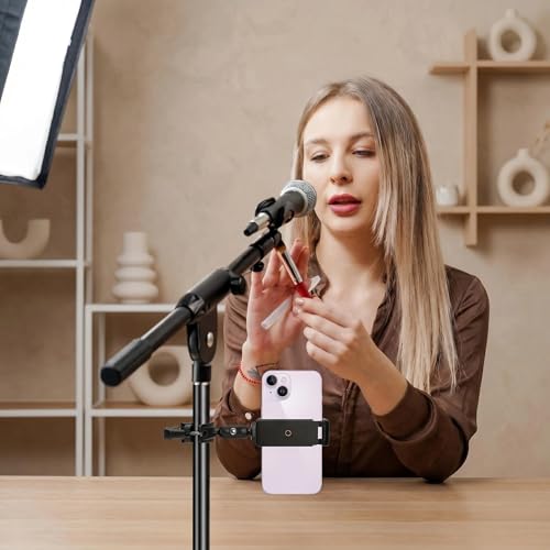 Phone Holder for Microphone Stand, Adjustable Mic Music Stand Phone Holder for Mobile Phones, Rotatabe Phone Mic Stand Mount Compatible with for All iPhone, Android Cell Phone