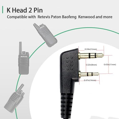 Retevis Walkie Talkie Earpiece, D-Type, 2 Pin, for H777/RT22/RT21/RT68 | PTT, Compatible with Pxton, Baofeng, Kenwood Walkie Talkies, Two Way Radio Earpiece with Mic, Hotels(1 Pack)