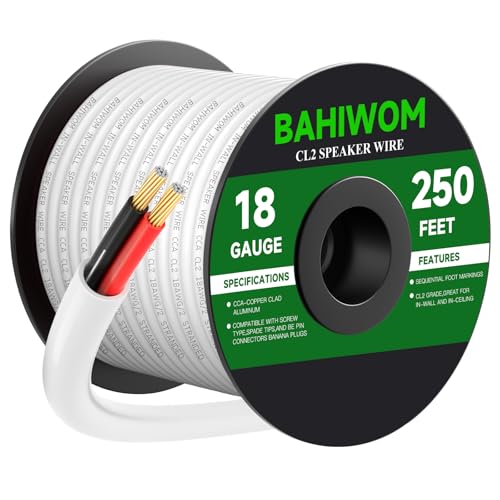 White Speaker Wire 18 Gauge 250FT CL2 Rated CCA Speaker Cable | Flexible PVC Jacket 2 Conductors Red & Black Polarity Mark for Home Theater,Indoor,In-Wall,In-Ceiling & Marine - size: 250 FT, style: 18GAUGE