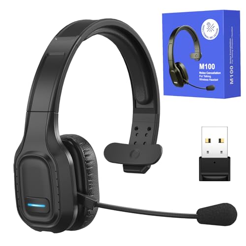 Bluetooth Headset for Truck Drivers, Single Ear Wireless Headset with Mic and USB Dongle, AI Noise Canceling Microphone, Mute Button, 45H Talk Time for Office Calls, Call Center, Phone and PC