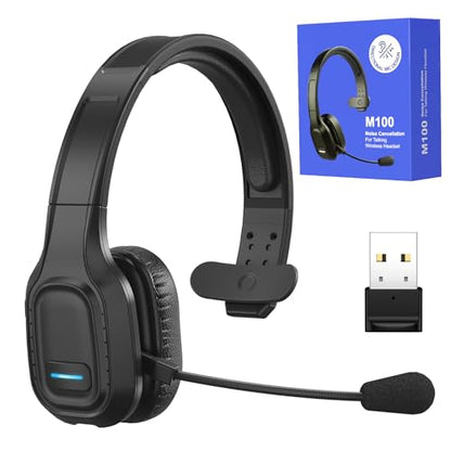 Bluetooth Headset for Truck Drivers, Single Ear Wireless Headset with Mic and USB Dongle, AI Noise Canceling Microphone, Mute Button, 45H Talk Time for Office Calls, Call Center, Phone and PC