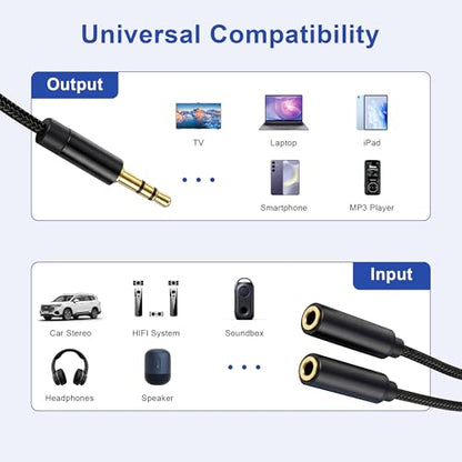 2 Pcs 3.5mm Headphone Splitter, Hi-Fi Stereo Audio Y Splitter 1 Male to 2 Female, Nylon Braided Headphone Extension Cable Compatible with Phone, Tablet, Laptop, PS4, Switch