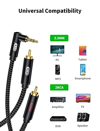 EMK 3.5mm to RCA Stereo Audio Cable - Gold Plated, 90°Aux Male to 2RCA Male, 6ft/2M - Compatible with Smartphones, MP3, Tablets, Speakers, Home Theater - color: 90° 3.5mm Male to 2 RCA Male, size: 6 Ft/2M, style: 3.5mm to 2RCA