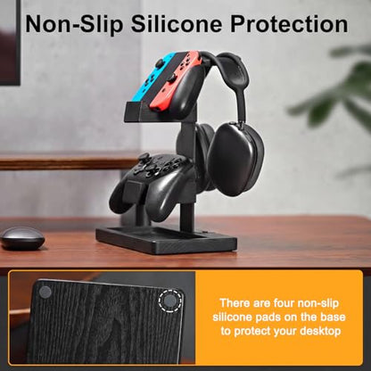 Solid Wood Controller Holder and Headphone Stand, Controller Stand for Desk | Dual Gaming Controller Organizer Rack, Fits Xbox, PS4, PS5, Gamepad, Headset Holder for Son, Husband, Boyfriend-Black