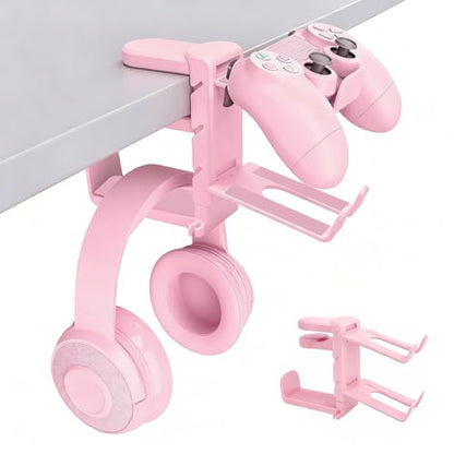 Rotating Headphone Stand with 360° Swivel - Adjustable Clamp-on Under Desk Headset Holder, Universal Gaming & Office Headphone Hanger (Pink) - color: Pink
