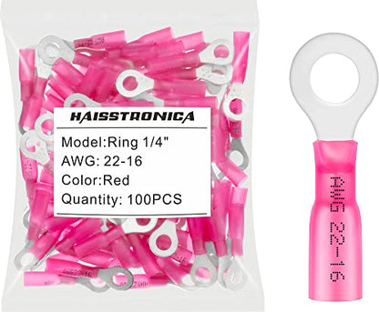 haisstronica 100PCS Heat Shrink Ring Terminals, 22-16 AWG, 1/4 in, Red | Battery and Ground Stud Connections, 0.7 mm Copper Barrel, 3:1 Adhesive-Lined Seal, Automotive Wiring Repairs, Ring Connector - color: Red, size: Ring 1/4"