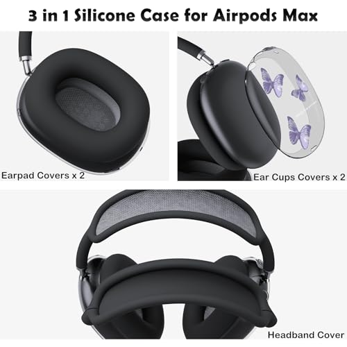 for AirPods Max Headphones Butterfly Ear Covers for AirPods Max 2 | Cute Clear Ear Cups Cover | Black Silicone Ear Pad Case Headband Cover for Apple AirPods Max 2/1 (2026/2024/2020) - color: Butterfly A/Black