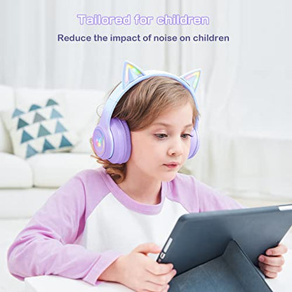 Bluetooth RGB Cat Ear Headphones, Foldable/Built-in Mic, A Purple | Wireless/wired, clear Hi-Fi sound, breathing lights, for kids/adults/girls/school/gaming, works with phone/laptop/PC/tablet - color: Gradient Purple