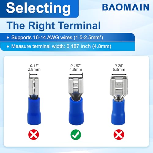 Baomain 100-Pack 0.187" Female Quick Disconnect Spade Terminals, 16-14 AWG 4.8mm (3/16 inch), Insulated Crimp Connectors Blue - size: Female