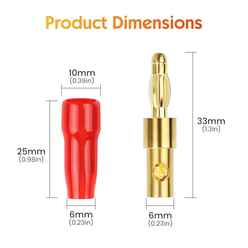 4 mm Gold Plated Open Screw Type Speaker Connector Banana Plugs,12 Count(1 Pack of 6 Pairs)