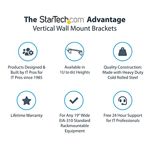 StarTech 1U Vertical Wall-Mount Patch Panel Rack, 125lb, TAA (RK119WALLV) | EIA-310 and REACH compliant, Ships assembled, 6 wood screws, 4 M5 cage nuts and screws, Any depth - size: 1U