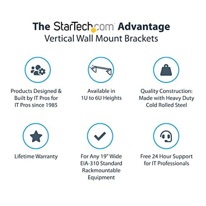 StarTech 1U Vertical Wall-Mount Patch Panel Rack, 125lb, TAA (RK119WALLV) | EIA-310 and REACH compliant, Ships assembled, 6 wood screws, 4 M5 cage nuts and screws, Any depth - size: 1U