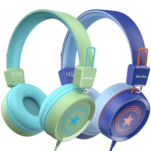 New Bee 2 Pack Kids Headphones with Microphone, Safe Volume Limited | Foldable Wired Toddler Headphones Over Ear for School Travel Mac/Android/Kindle/Tablet/Pad - color: Blue Green-2 Pack, size: wired