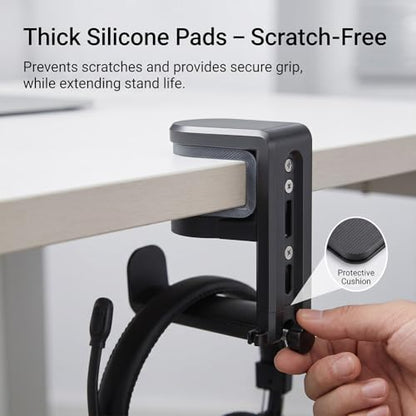 360° Rotating Headphone Hanger, Under Desk Headset Holder, Clamp‑On Headphone Stand for All Over‑Ear Headphones,Black - color: Black
