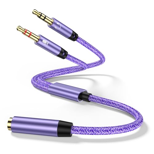 ABCPOW Headphone Mic Splitter for Computer PC Laptop, 3.5mm Female to 2 Dual Male Microphone Y Splitter Cord Aux Splitter 1 in 2 Out Audio Stereo Jack Earphones Port Cord Gaming Headset Adapter