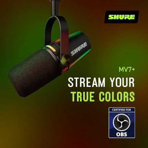 Shure MV7+ USB-C & XLR Podcast Dynamic Mic with Stand - Black | OBS-certified USB-C and XLR dynamic mic with stand, LED touch panel, auto level and pop filter for podcasting