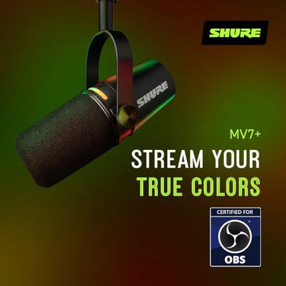 Shure MV7+ USB-C & XLR Podcast Dynamic Mic with Stand - Black | OBS-certified USB-C and XLR dynamic mic with stand, LED touch panel, auto level and pop filter for podcasting