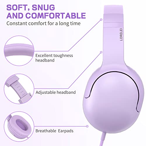 LORELEI E5 Wired Headphones for Kids Foldable & 3.5mm Jack Tangle Free Nylon Wire Stereo On Ear Headsets for Kids/Children/School/Tablet/Ipad/Kiddle/Plane (Purple) - color: Purple