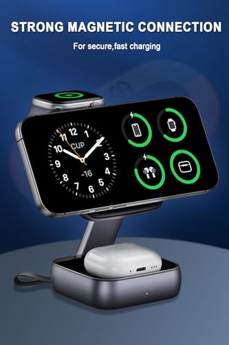 Wireless Charging Station for Apple Devices,Magnetic Travel Charger | Folding 3-in-1 Charger Stand Compatible with MagSafe for iPhone 17 16 15 14 13 12 Series,Airpods&Apple Watch,No Adapter