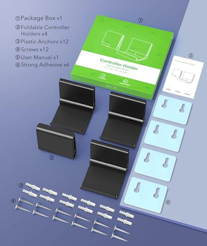 4 Pack Foldable Controller Wall Mount Holder, Xbox Controller Stand , Compatible with Xbox Switch, Adhesive/Screw,Remote Accessories, Keyboard Holder,Wall Mount Storage, Headphone & Headset Hanger - color: Black